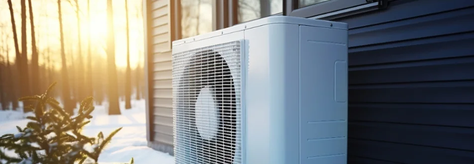 Wärmepumpe an Hauswand im Winter